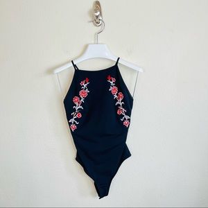 Forever 21 Black Embroidered Red Roses Criss Cross Back Bodysuit